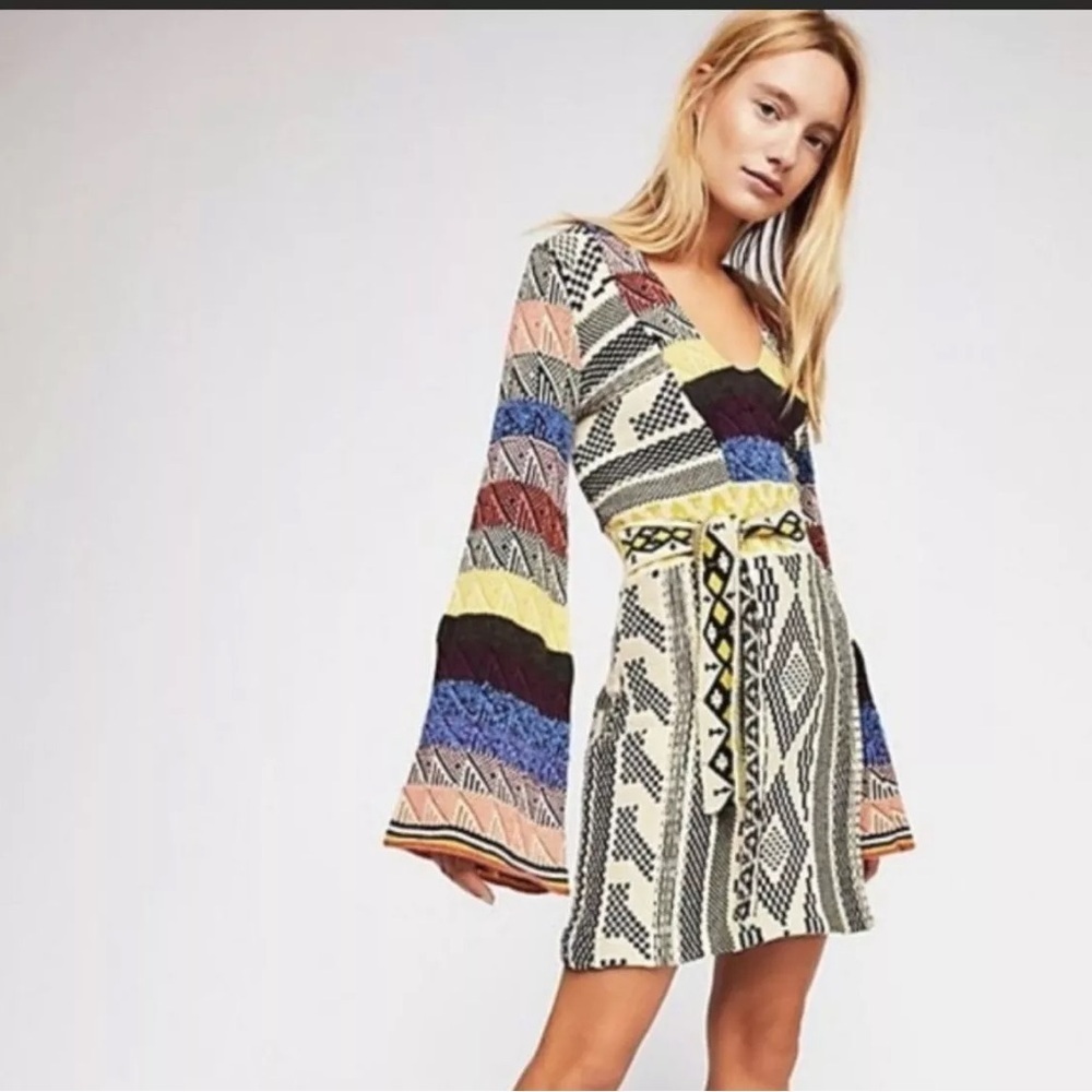 Free People Patchwork Bell Sleeve Sweater Mini Dress S